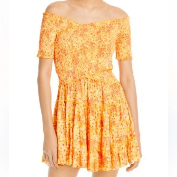 Poupette St. Barth Soledad Off The Shoulder Mini Dress Size S Orange Yellow